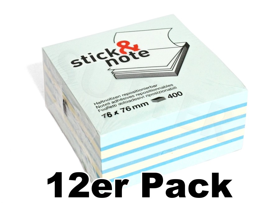 12er Pack: Haftnotizen & Notizzettel (selbstklebend) 76 x 76mm (400 Blatt=4800 Blatt) Stick & Note